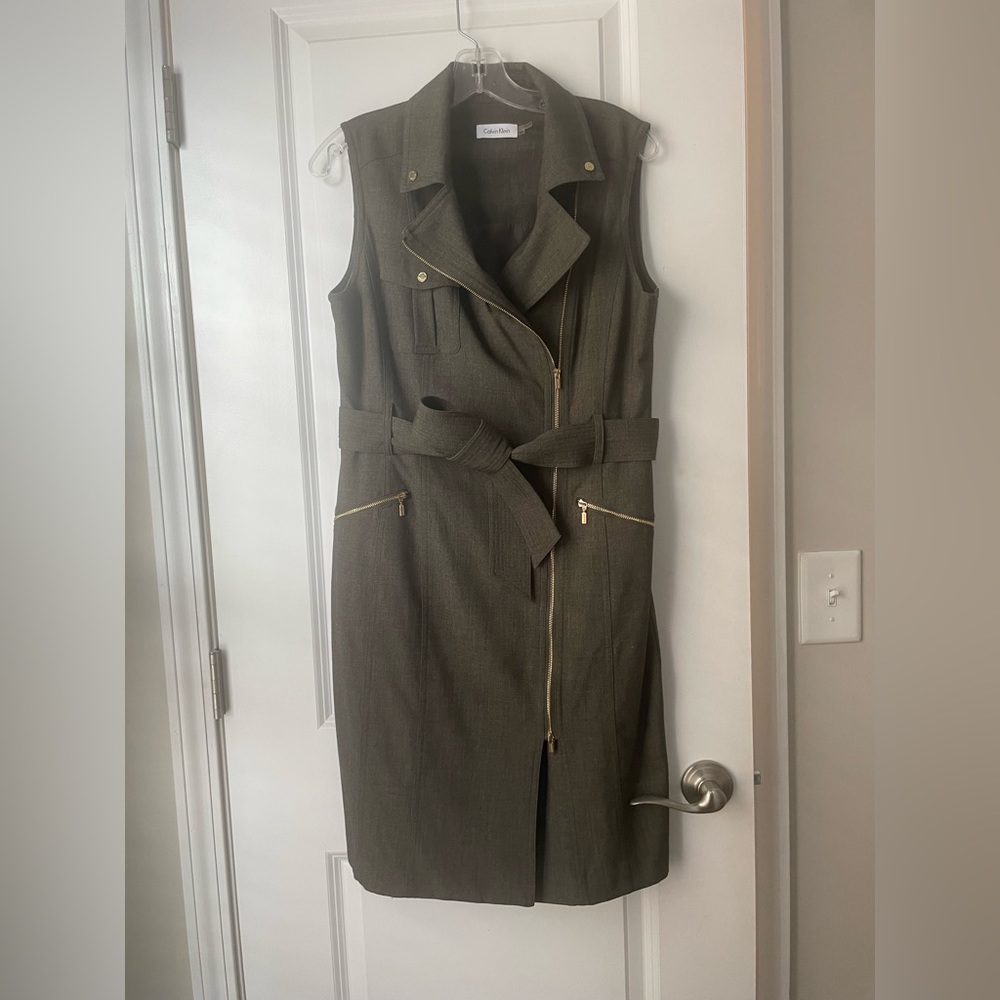 Calvin Klein Notch Collar Zip Front Belted Sleeveless Dress